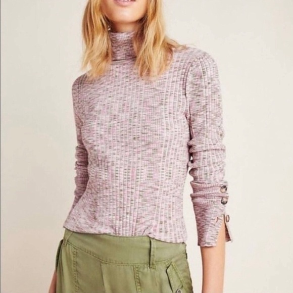Anthropologie Green & Pink Turtle Neck Button Long Sleeve Top Medium - Picture 1 of 11